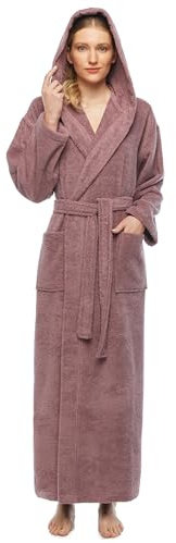 Arus Womens Classic Long Hooded Full Length Turkish Cotton Ankle Length Bath Robe Plum, Small-Medium