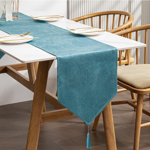 BALCONY & FALCON Waschbar Tischläufer 35 x 240 cm Leinenoptik Tischläufer kein Glänzend Wasserabweisend Tischwäsche Matte für Esszimmer Party Urlaub Dekoration,Seeblau