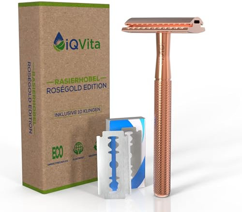 iQVita® - Rasierhobel - Rosegold - inkl. 10 Rasierklingen - Rasierhobel Damen - Safety Razor - Eco Rasierer Metall - Sicherheitsrasierer - Umweltfreundlich & Nachhaltig - Zero Waste - inkl. eBook