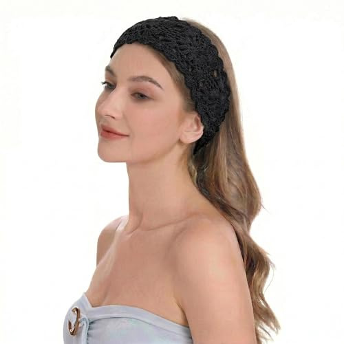 Damen Gestrickt Stirnband Mädchen Breit Strick Haarband (Häkeln Schwarz),Einheitsgröße | Skurrile Retro-pastorale Ästhetik, Café-Spaziergang, Wochentag-Styling, feminines tägliches dekoratives Haar-Accessoire