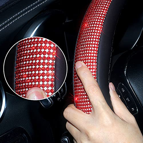 Glitzer Lenkradbezug Leder, Bling Bling Lenkradhülle 38cm Lenkradabdeckung Aus Kristall, Mikrofaser Leder Lenkradhüllen Lenkrad Bezug Edel Auto Zubehör Innenraum (Roter Strass)