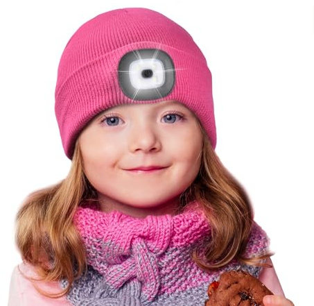 Etsfmoa Unisex Beanie with The Light,Gifts for Kids Boys and Girls Children USB Rechargeable Headlamp The Cap Rose Red
