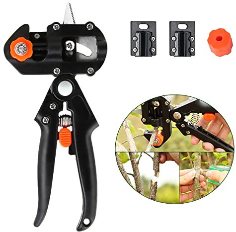 Pfropfen Schneidwerkzeug, XiXiRan 2-In-1 Garden Grafting Tools Kit, Garten Obstbaum Pfropfschere, Pfropfen Werkzeug Kit, Veredelungsschere, Ratschenschere Set, mit 3 Ersatzmesser (Ω/U/V) und Basis*1