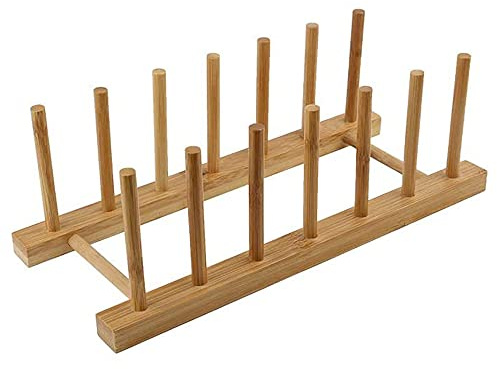 Hsthe Sea Dish Rack, Wooden Plate Rack, Plate Pan Saucepan Stand, Pot Lid Holder, Dish Drying Rack, Kitchen Cupboard Storage Organiser for Bowl, Cup, Cutting Board(1, 6 slots)