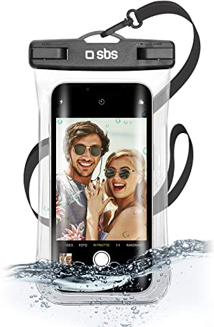 SBS Cover impermeabile IPX8 per cellulari Android e iPhone fino a 6,8 con finestra touch, impugnatura per selfie, laccio da collo, chiusura ermetica water resistant per brevi immesioni, nera