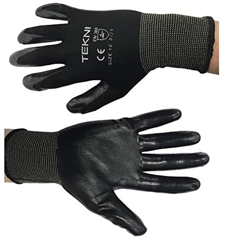 TEKNI Guante de nailon negro con revestimiento de palma de nitrilo, talla 6 XS, paquete de 12 pares múltiples para uso interior y exterior, mecánico, jardinería, construcción