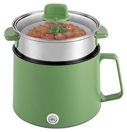Multicocina eléctrica de 1,7 L, olla eléctrica portátil, antiadherente, olla eléctrica con tapa de cristal para Stir Fry, carne, olla de ramen al vapor (verde)