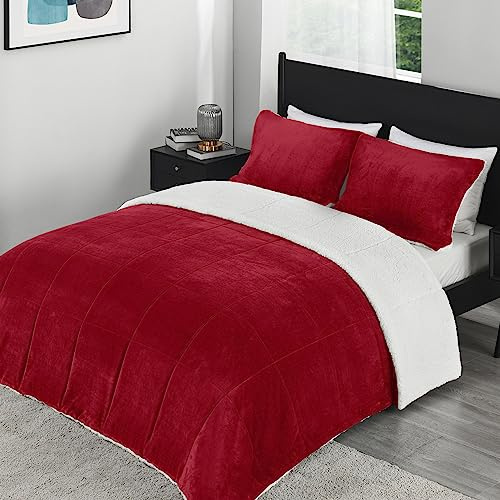 downluxe Ultra-Soft Micromink Sherpa Queen Comforter Set Red - Plush Warm Fall Winter Bedding Comforter Sets (1 Comforter, 2 Pillow Shams)