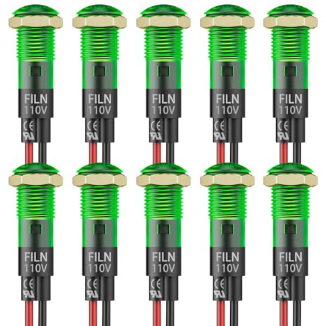 FILN 10PCS Small 110V LED Indicator Light, 8mm (5/16) IP67 Waterproof Low Power Pilot Lights Panel Mount for Car, Truck, Boat, Marine, Dash(110v, Green)