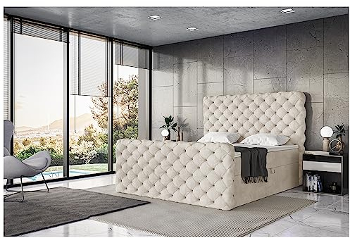 MEBLINI King Boxspringbett mit Bettkasten - Gepolstert Doppelbett mit Matratze und Topper - Polsterbett mit Stauraum - Bett mit Kopfteil - Stauraumbett - Duke - 120x200 - H3/Creme Samt