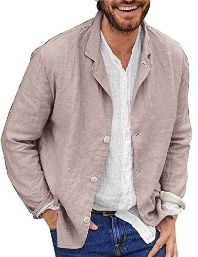 Beokeuioe Chaqueta Deportiva Sakko Hombre Casual Blazer Verano Traje de Lino Abrigo de un solo pecho Ajuste Holgado Botón Formal Traje de Negocios Chaquetas Adecuado para Fiesta, beige, M