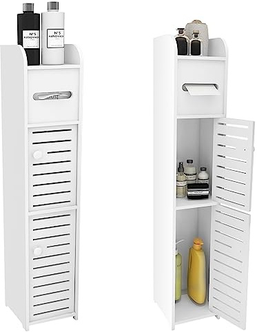 MAYMA Badschrank Schmal Hochschrank Freistehend weiß Toilettenrollenhalter Klein Toilettenschrank platzsparend Badezimmerschrank hohe Schränke für Badezimmer,17 * 15 * 78cm
