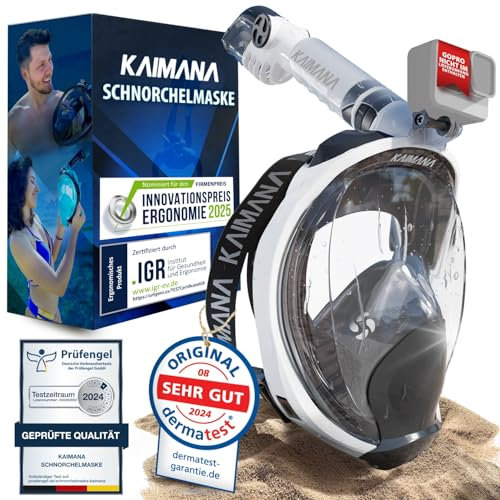 Die Preisgekrönte KAIMANA® Schnorchelmaske für Erwachsene & Kinder - absolut CO2 sicher - inkl. Tragetasche - Tauchermaske Erwachsene - Vollgesichtsmaske Tauchmaske