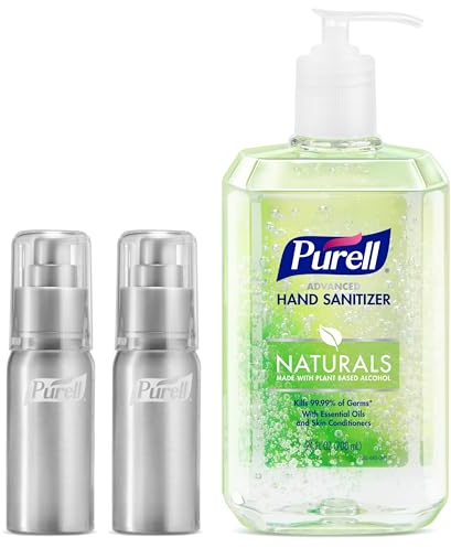 PURELL Advanced Hand Sanitizer Naturals + Refillable Aluminum Bottles, (2) 2 fl oz Travel-Size Bottles (Shipped Empty) and (1) 24 fl oz Refill (Pack of 1) – 3282-12KIT-EC