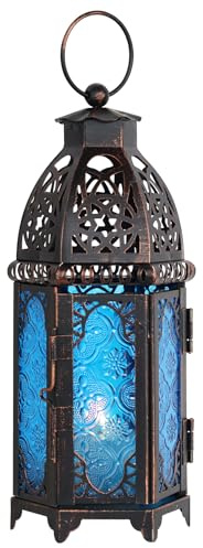NEEDOMO Marokkanische Laterne zum Aufhängen, 27,9 cm, Vintage-Kerzenhalter, Metalllaternen, dekorativ, für drinnen und draußen, Tisch, Terrasse, Veranda, Regal, gotische Heimdekoration (Blau, mittlere