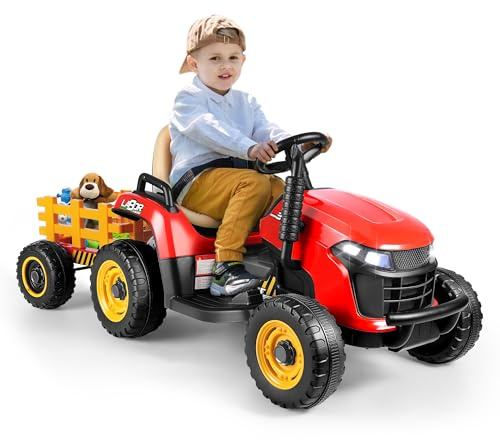 ANPABO Ride On Tractor with Tiltable Trailer, 12V Ride On Toy w/Parent Remote Control, Music Player & Bluetooth Function, Headlight, Battery Powered Electric Vehicle for Kids, Red