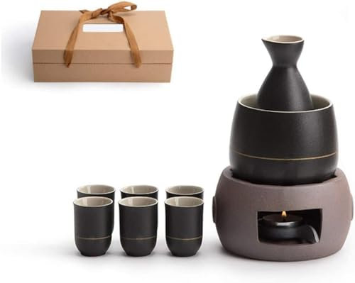 Set per sakè con scaldavivande, Tradizionale Set per sakè Caldo in Ceramica da 7 Pezzi, Incluso 1 fornello a Candela (6 Tazze)