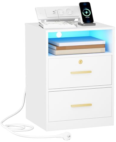 Hzuaneri Sängbordmed laddningsstation, USB- och typ C-portar, nattduksbord med LED-lampor, 1 öppet fack och 2 lådor, sidobord för sovrum, vardagsrum (Vit, 1er Set)