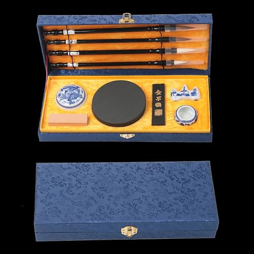 10 Piezas Juego de Pinceles de Escritura para Caligrafía China, Kit de Tinta de Papel, Accesorios de Escritura, Suministros de Regalo para Estudiantes Principiantes, Pintura de Paisaje de Tinta（Azul）