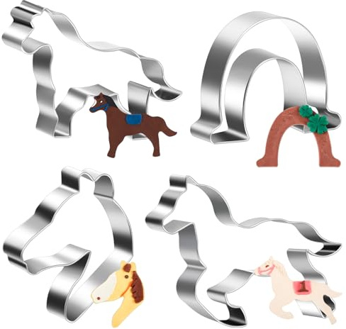 Blulu 4 Stück Pferd Ausstechformen aus Edelstahl - Keks Ausstecher Set mit Pony, Hufeisen & Pferdekopf - Plätzchenformen für Backen zu Weihnachten & Geburtstag