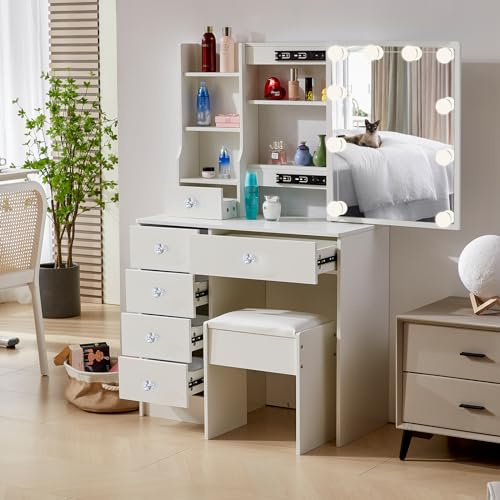 Erganza Toeletta da Trucco con Specchio e Luci LED, Luminosità Regolabile, Tavolo da Trucco con 6 Cassetti e 1 Sgabello, 36x80x131 cm, Bianco