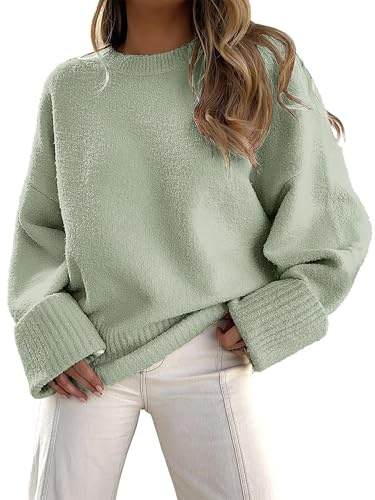 Jhsnjnr Women's Casual Long Sleeve Sweater Knitwear Warm Drop Shoulder Pullover Oversized Crew Neck Jumpers Green
