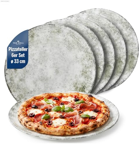 Van Well XL pizzatallrikar, set om 6, Ø 33 cm, italiensk pizzatallrik stor av porslin, tallrik för pizza, pasta och sallad, säker för mikrovågsugn och diskmaskin, vardags- och gastro-porslin