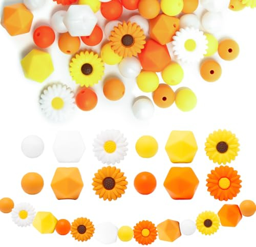 Rebanky 76 Perles en Silicone Colorées pour Bracelets, 3 Formes, Bijoux DIY | Lot de Perles Silicone avec Trou pour Porte-Clés et Créations Artisanales; Différentes fFormes et Couleurs Incluses