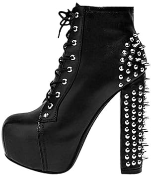 blingqueen Damen Plateau Stiefeletten Blockabsatz Punk Biker Boots Schnürstiefeletten Glattoptik Schwarz 43 EU