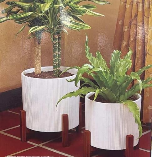 RZHomestore® White Ceramic Plant Pot Set with Bamboo Stands, 2-Pack Planter Set - 23cm & 19cm