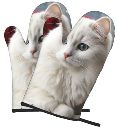 Lot de 2 gants de cuisine antidérapants en forme de chat blanc - Résistants à la chaleur - 260 °C - Pour la cuisine, la pâtisserie, les essentiels de cuisine