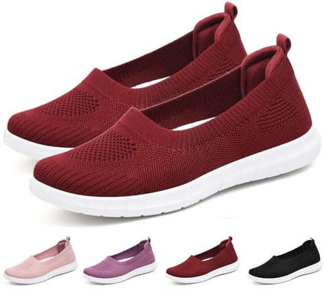 GYCF Scarpe Estive Donna-Slip On con Ventilazione,Scarpe Ortopediche Rete Leggero Sneaker Scarpe da Walking Senza Lacci Antiscivolo Elastico Suola,Rosso,38EU