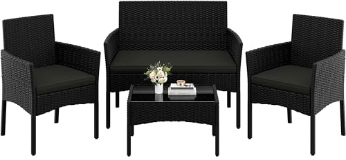 Yaheetech 4-Piece Rattan Conversation Set, Sofa & Glass Table, Black/Grey | Outdoor Handwoven Wicker | PE Rattan Sofa with Soft Cushions | 2 Chairs & Tempered Glass Table | For Yard, Poolside & Garden