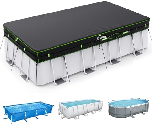 UIRWAY Cubierta rectangular de piscina de 7 x 10 pies con tiras reflectantes para piscina sobre el suelo, cubierta solar que incluye corbata de cuerda y clavos luminosos para el suelo, cubierta de