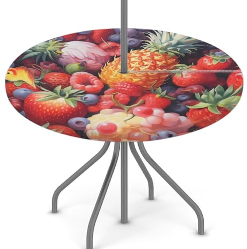 Woltant Nappe ronde avec trou de parasol et fermeture éclair facile à nettoyer avec bords élastiques pour jardin, terrasse, barbecue (fruits alimentaires)