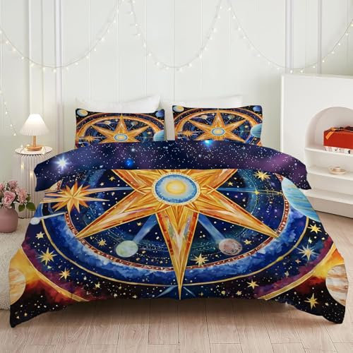 dyausi Sterne Bettwäsche 135x200 Gelb Marineblau, Mysterium Astrologie Konstellations Bettbezug 3 teilig, Wendebettwäsche Microfaser, Deckenbezug mit Reißverschluss und 1 Kissenbezug E210