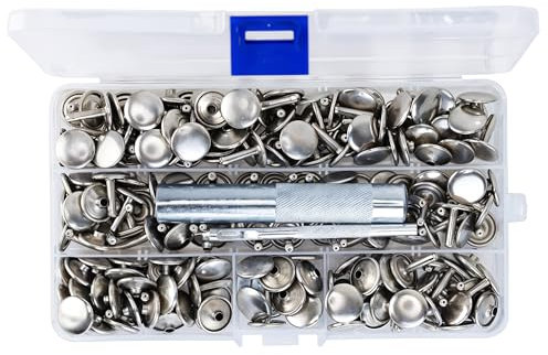 Event Decor Shop 100 Set Leather Rivets Kit with Tools – 8mm Double Cap Tubular Rivets in Silver – Brass Studs for Leather Crafts, Bags, Shoes, Repairs & DIY with Punch Tool Set