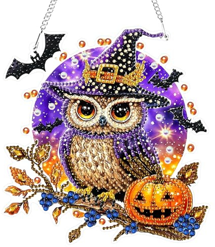 GHHKUD Halloween Diamond Painting Fensterbilder Beidseitige, Eule Diamond Painting Anhänger mit Kette, Diamant Malerei Bilder Kristall Anhänger, Wandbehang Kits für Eingang und Fenster Wand Decor