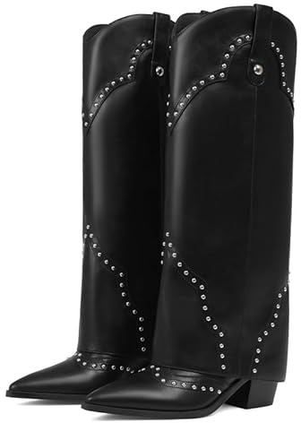 Erocalli Knee High Boots for Women Tall Western Cowgirl Cowboy - Black, Leather, Shark, Studded Fold Over, Pull On, Snip Toe, Slouch Boots