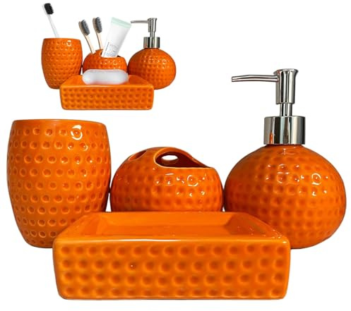 Set per lavabo da bagno, set da bagno arancione da 4 pezzi, accessori in ceramica arancione include portaspazzolino, bicchiere, dispenser per lozioni, portasapone per hotel domestici, dispenser per s