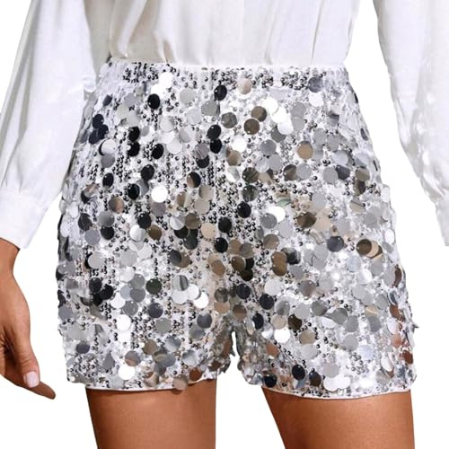 Generisch Pailletten Shorts Damen Kurz Glitzer Shorts Elastische Hohe Taille Metallic Hotpants Sexy Disco Glänzend Festlich Kostüm Pailletten Hose Damen für Tanz Party Outfits