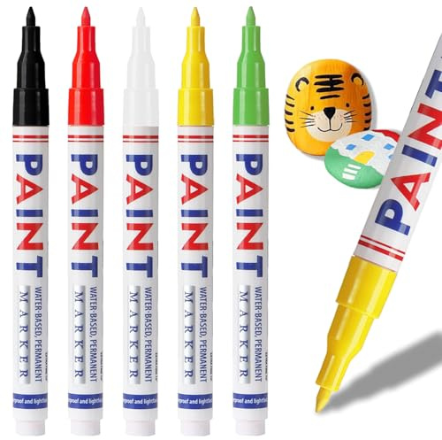 LEMONSTONE 5 Lackstifte, 0.7mm Permanent Marker, Schwarz Weiß Gelb Grün Rot Wasserfester Stift, 5 Farben Permanent Marker für Steine, Reifen, Glas, Kunststoff, Metall, Holz, Keramik, Tassen
