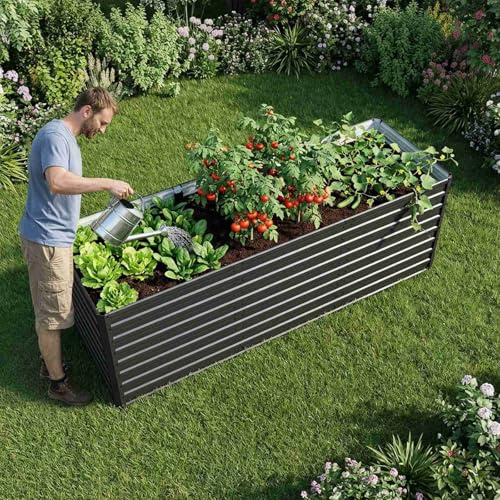 BIRCHTREE Metal Raised Garden Bed Outdoor, Galvanised Planter Box with Open Bottom, Rectangular Garden Bed for Vegetables, Herbs & Flowers 238×80×82 cm Black