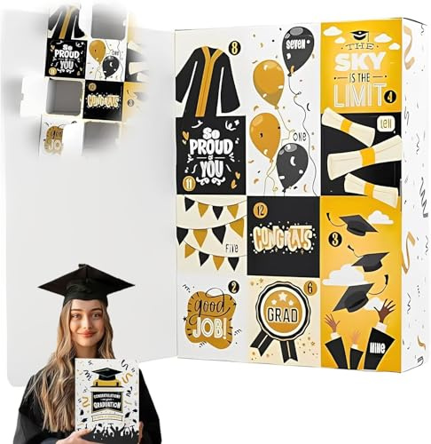 Bomkra Graduation Advent Calendar - 12-Day Fillable Empty Gift Box with Inspirational Quotes & 12 Themed Compartments, DIY Surprise Box for High School College Grads, Luxury Paper Countdown Gift