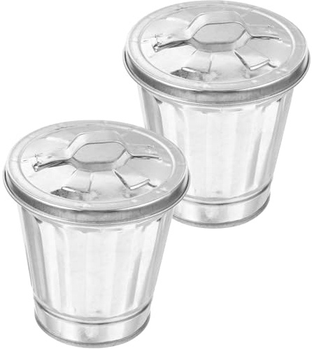 MOBUTOFU Cubo de Basura Metálico Galvanizado Pequeño con Tapa y Asa, Set 2 Piezas para Escritorio y Oficina, Papelera de Reciclaje Compacta para Hogar y Mesa, Cubo Basura Resistente