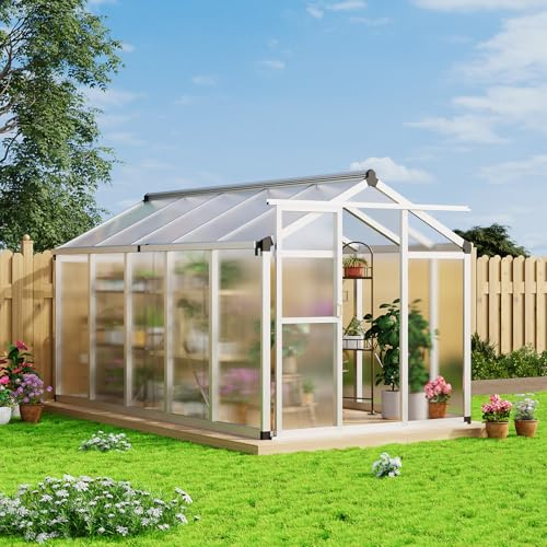 Invernadero de 6 x 10 pies – Invernaderos grandes de aluminio para exteriores, invernadero de policarbonato resistente con ventilación de techo y clavos de suelo, casas verdes para jardín, patio