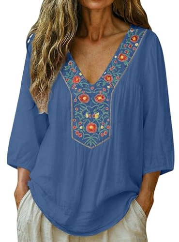 Générique Chemisier Femme Chic et Élégant Broderie Col V Manches 3/4 Tunique Grande Taille Ample en Coton et Lin Haut Bohème Gaze de Coton sans Repassage Vêtements Été Blouse Chemise pour Femmes