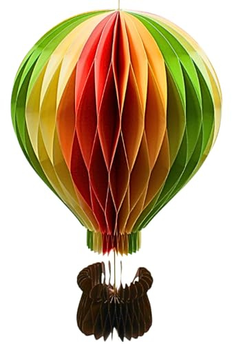 XXL Dekoballon, Papierluftballon, Hänger Heißluftballon, Honeycomb Ballon, Gartendeko zum Hängen, Papieranhänger als Heißluftballon mit Korb in bunt, 1 Stück, Größe: L/B/H 25 cm x 25 cm x 39 cm.