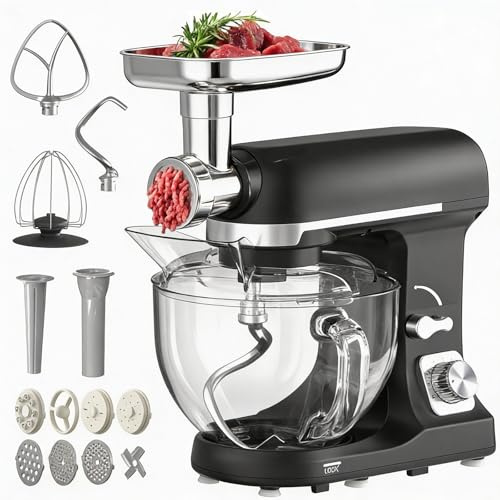 MoraRise Stand Mixer with Meat Grinder, 1400W Electric Food Mixer | 8-Speed + Pulse Control, Tilt-Head Kitchen Mixer with Dough Hook, Beater & Whisk for Baking Bread, Cakes & Dough