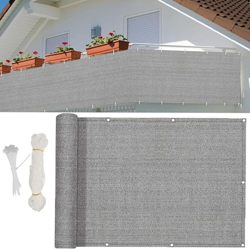Utbyggbart balkongskydd 100 x 500 cm (39 x 197 tum) – väderbeständig UV-skyddande rumsavdelare med öljetter och rep, grå utomhussköld